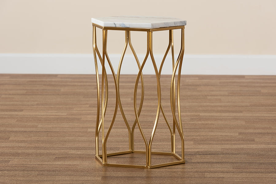 Baxton Studio Kalena Modern and Contemporary Gold Metal End Table with Marble Tabletop