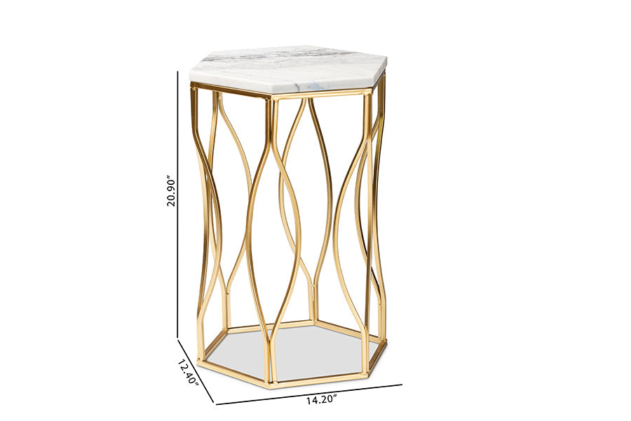 Baxton Studio Kalena Modern and Contemporary Gold Metal End Table with Marble Tabletop