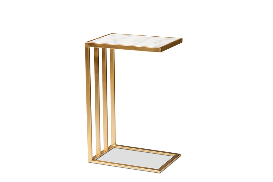 Baxton Studio Parkin Modern and Contemporary Gold Finished Metal C Shaped End Table with Marble Tabletop