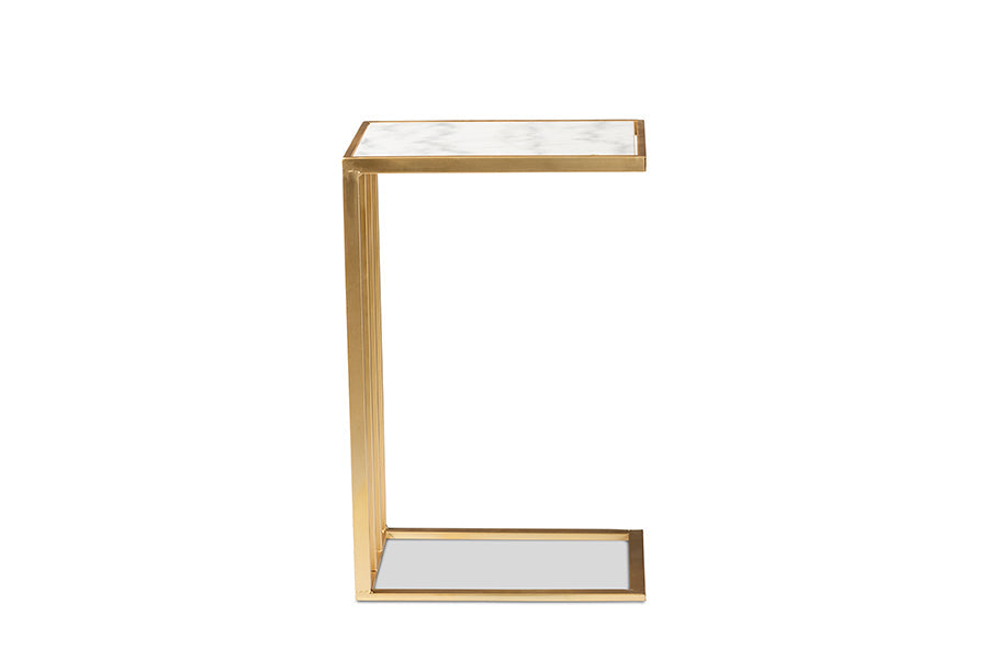 Baxton Studio Parkin Modern and Contemporary Gold Finished Metal C Shaped End Table with Marble Tabletop