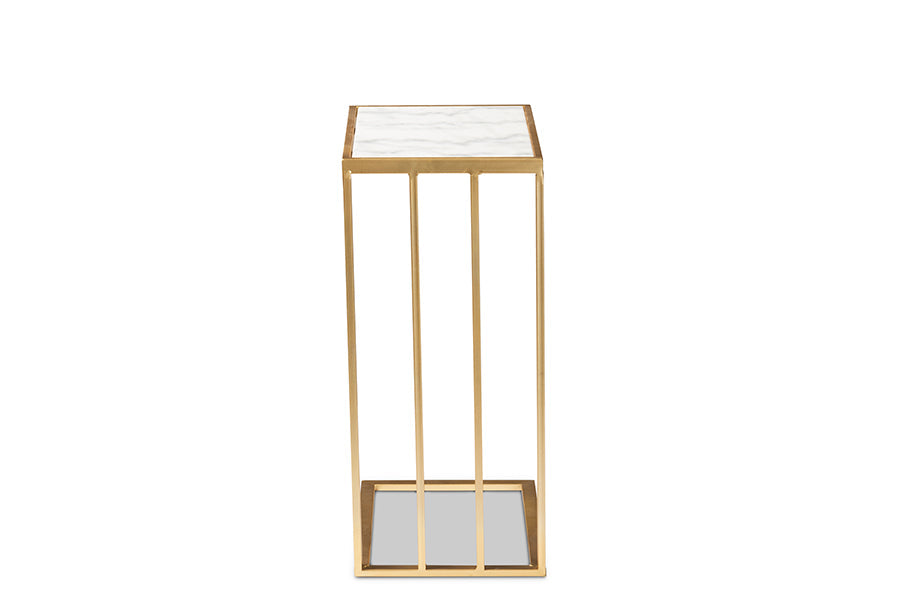 Baxton Studio Parkin Modern and Contemporary Gold Finished Metal C Shaped End Table with Marble Tabletop