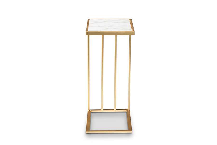 Baxton Studio Parkin Modern and Contemporary Gold Finished Metal C Shaped End Table with Marble Tabletop