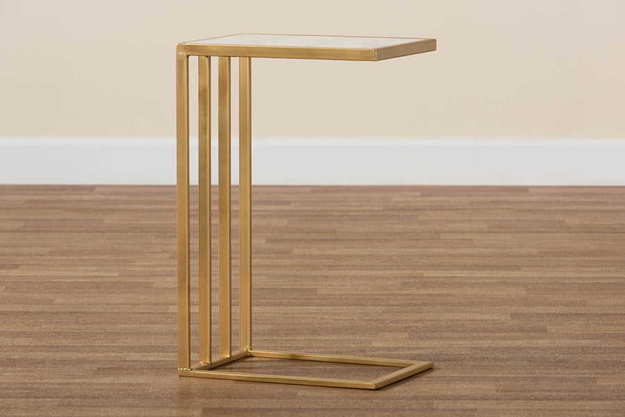Baxton Studio Parkin Modern and Contemporary Gold Finished Metal C Shaped End Table with Marble Tabletop