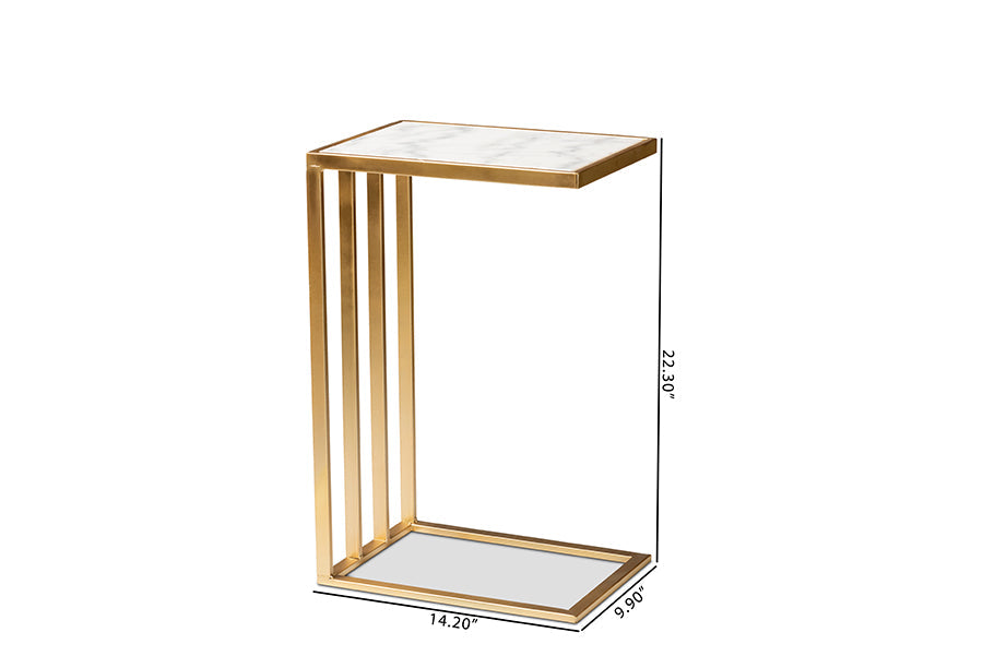 Baxton Studio Parkin Modern and Contemporary Gold Finished Metal C Shaped End Table with Marble Tabletop