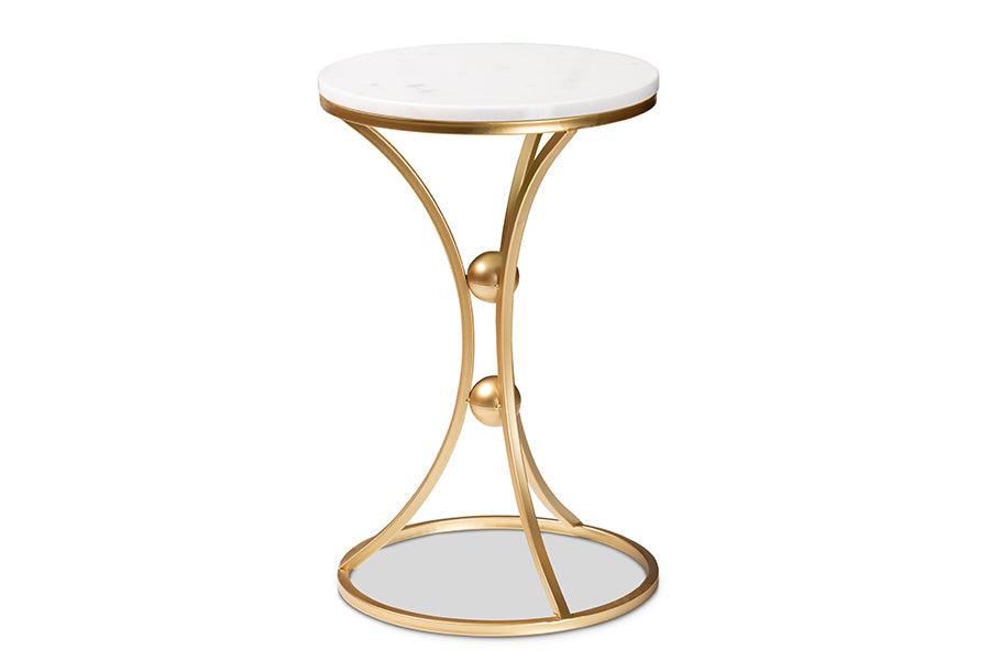 Baxton Studio Tarmon Modern and Contemporary Gold Finished Metal End Table with Marble Tabletop