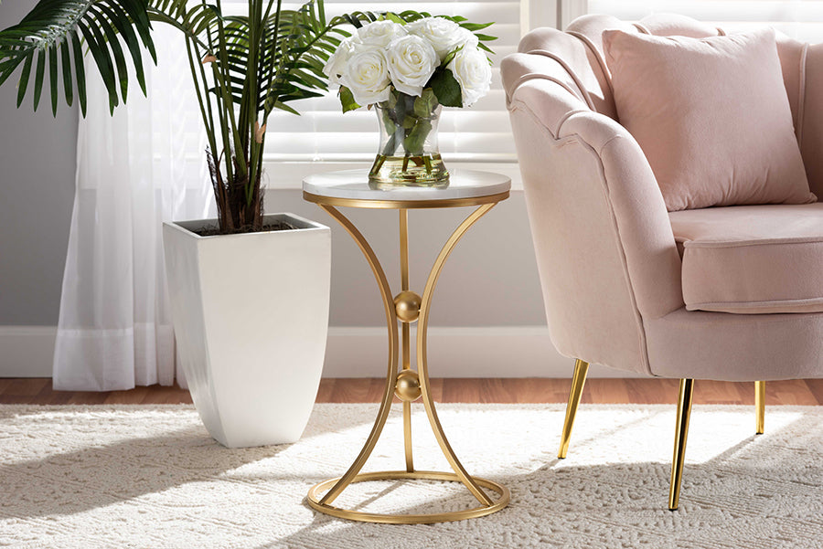 Baxton Studio Tarmon Modern and Contemporary Gold Finished Metal End Table with Marble Tabletop