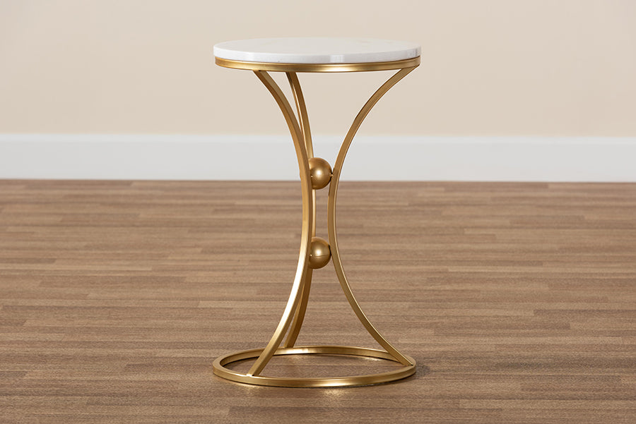 Baxton Studio Tarmon Modern and Contemporary Gold Finished Metal End Table with Marble Tabletop