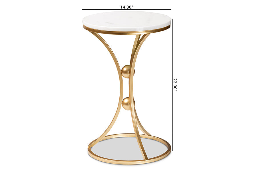 Baxton Studio Tarmon Modern and Contemporary Gold Finished Metal End Table with Marble Tabletop