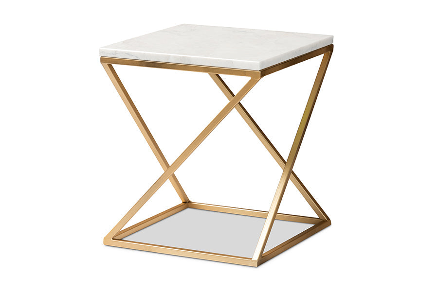 Baxton Studio Hadley Modern and Contemporary Gold Finished Metal End Table with Marble Tabletop