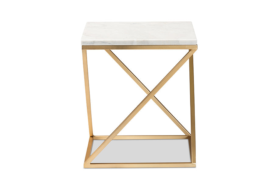 Baxton Studio Hadley Modern and Contemporary Gold Finished Metal End Table with Marble Tabletop