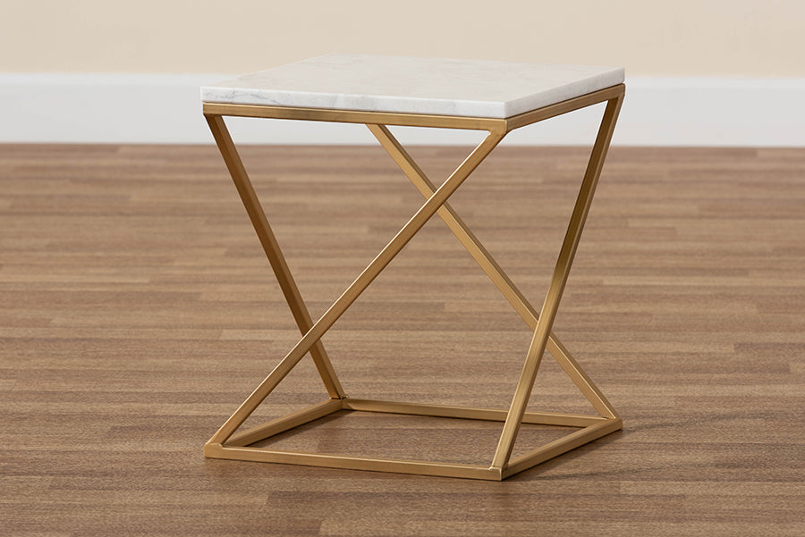 Baxton Studio Hadley Modern and Contemporary Gold Finished Metal End Table with Marble Tabletop