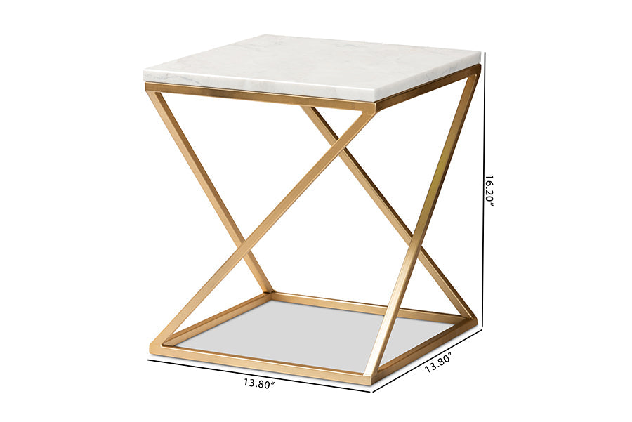 Baxton Studio Hadley Modern and Contemporary Gold Finished Metal End Table with Marble Tabletop