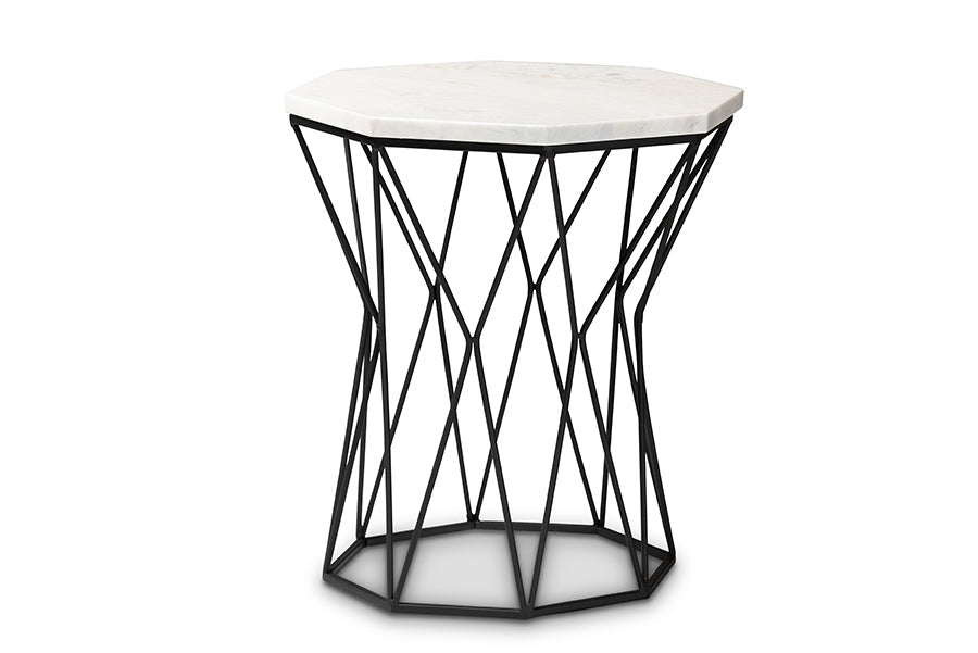 Baxton Studio Venedict Modern and Contemporary Black Metal End Table with Marble Tabletop