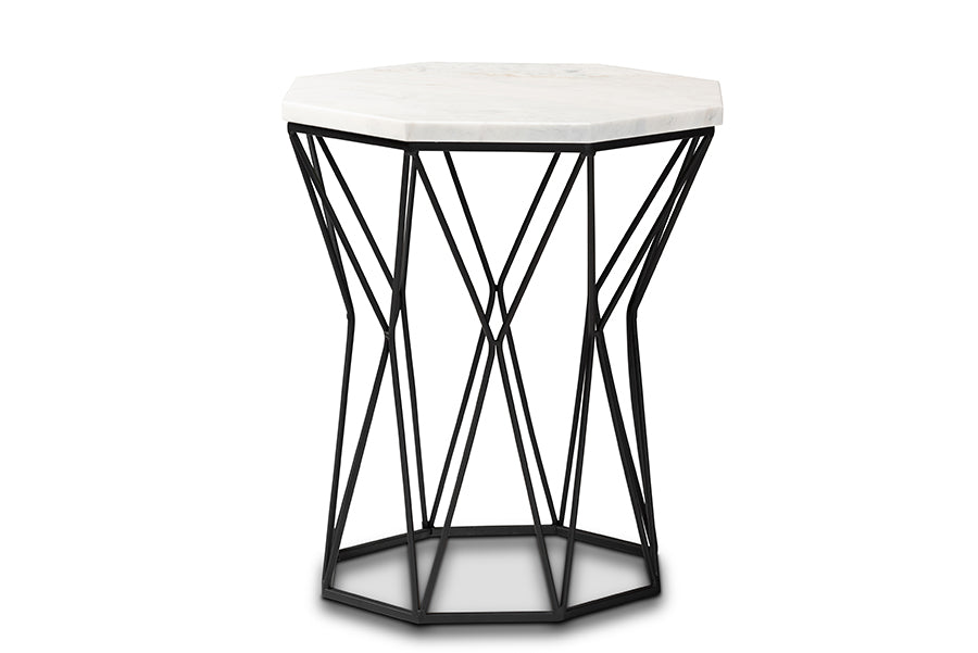 Baxton Studio Venedict Modern and Contemporary Black Metal End Table with Marble Tabletop