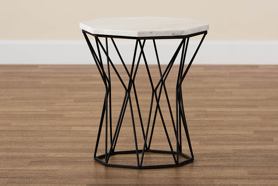 Baxton Studio Venedict Modern and Contemporary Black Metal End Table with Marble Tabletop