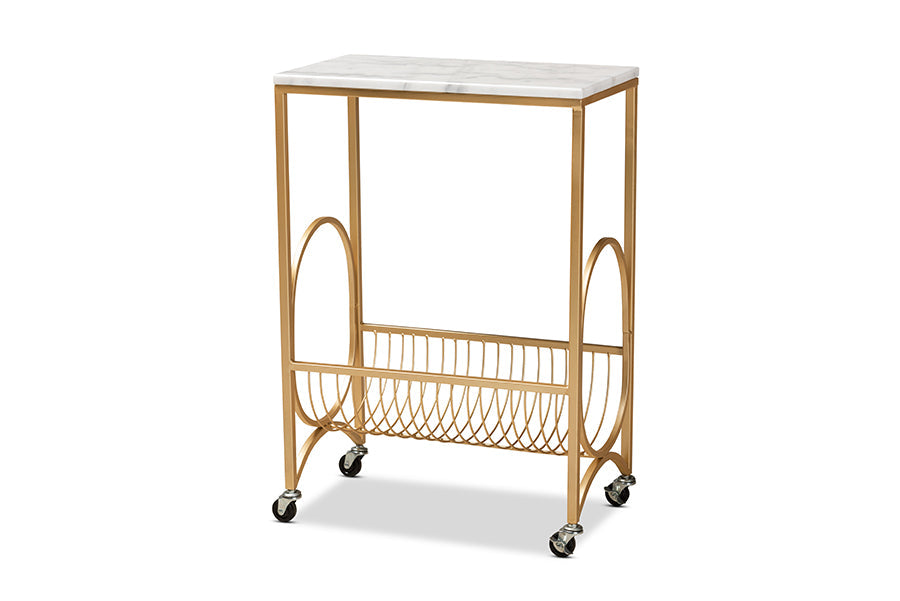 Baxton Studio Jacek Modern and Contemporary Gold Finished Metal Wine Cart with Marble Tabletop