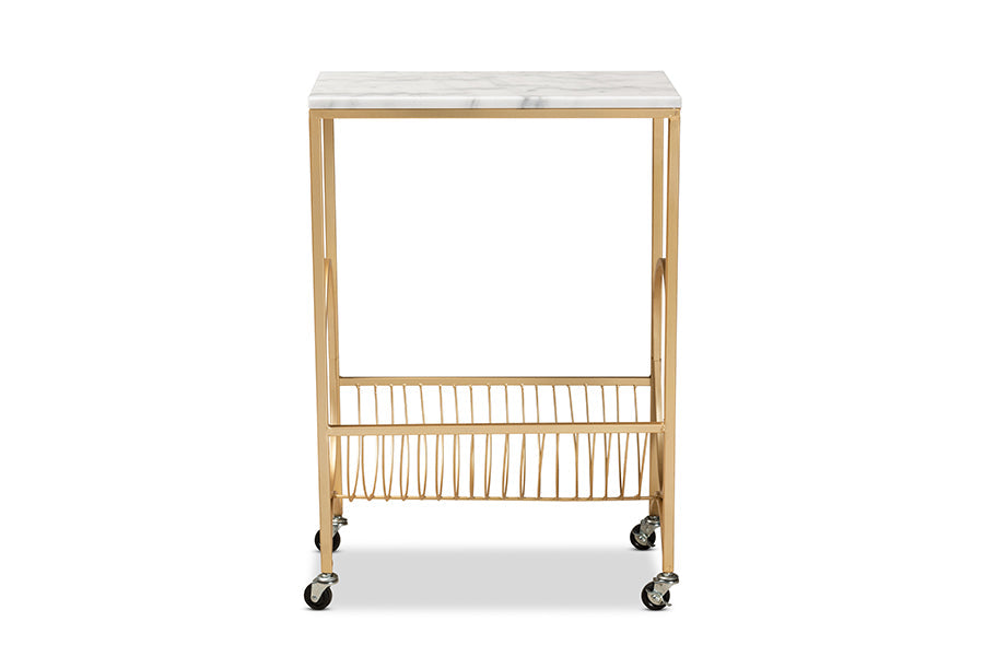 Baxton Studio Jacek Modern and Contemporary Gold Finished Metal Wine Cart with Marble Tabletop