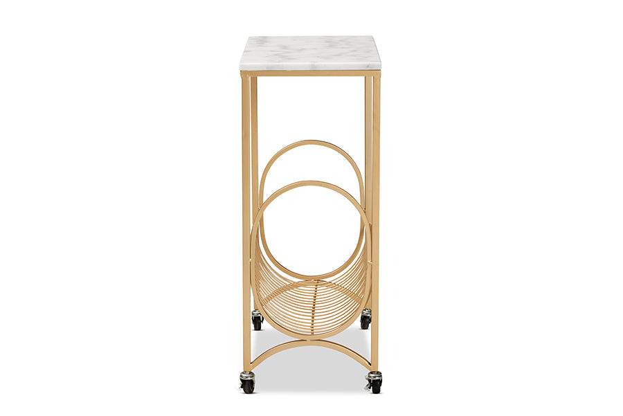 Baxton Studio Jacek Modern and Contemporary Gold Finished Metal Wine Cart with Marble Tabletop