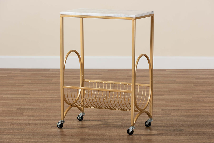 Baxton Studio Jacek Modern and Contemporary Gold Finished Metal Wine Cart with Marble Tabletop