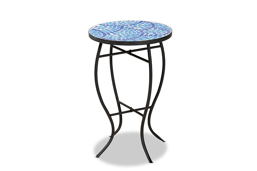 Baxton Studio Gaenor Modern and Contemporary Black Metal and Blue Glass Plant Stand