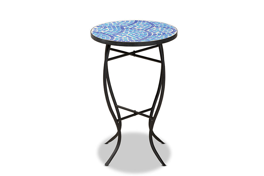 Baxton Studio Gaenor Modern and Contemporary Black Metal and Blue Glass Plant Stand