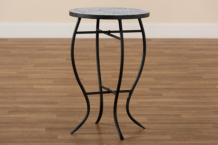 Baxton Studio Gaenor Modern and Contemporary Black Metal and Blue Glass Plant Stand