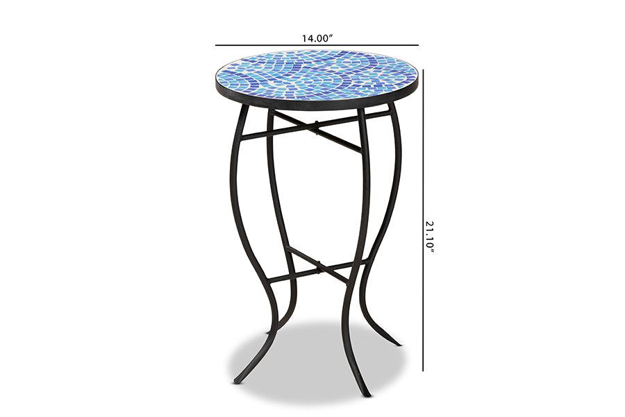 Baxton Studio Gaenor Modern and Contemporary Black Metal and Blue Glass Plant Stand