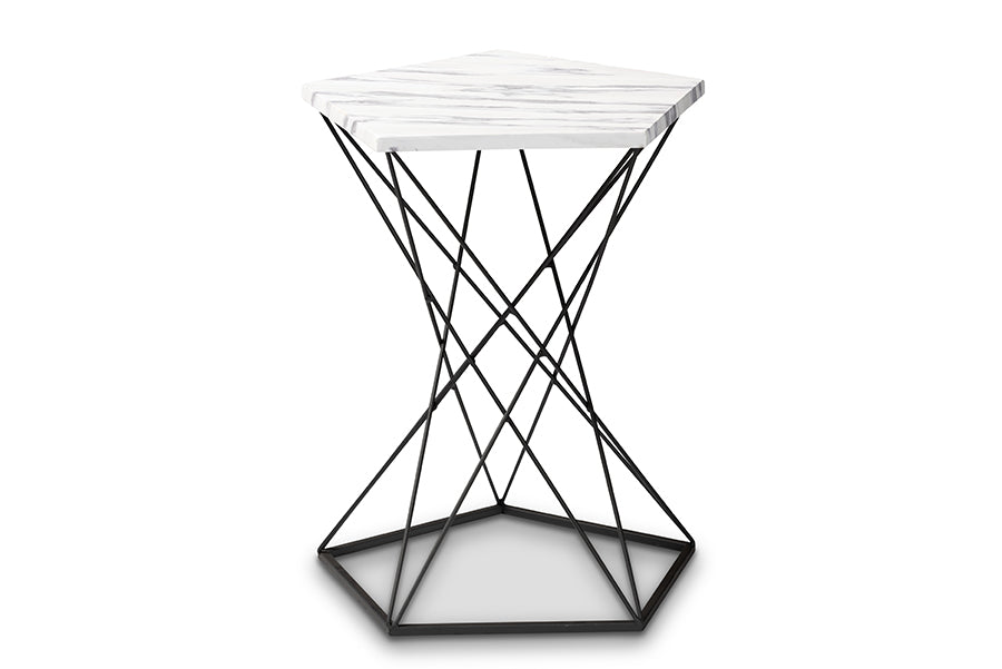 Baxton Studio Oberon Modern and Contemporary Black Finished Metal End Table with Faux Marble Tabletop