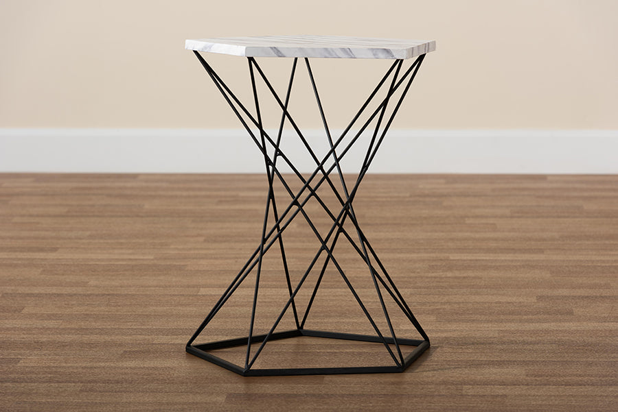 Baxton Studio Oberon Modern and Contemporary Black Finished Metal End Table with Faux Marble Tabletop