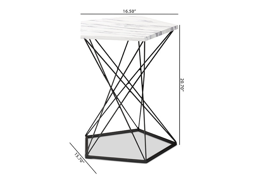 Baxton Studio Oberon Modern and Contemporary Black Finished Metal End Table with Faux Marble Tabletop