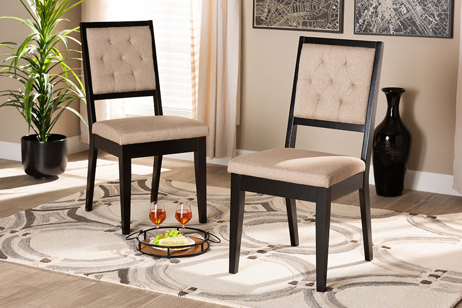 Baxton Studio Gideon Modern and Contemporary Sand Fabric Upholstered and Dark Brown Finished Wood 2-Piece Dining Chair Set