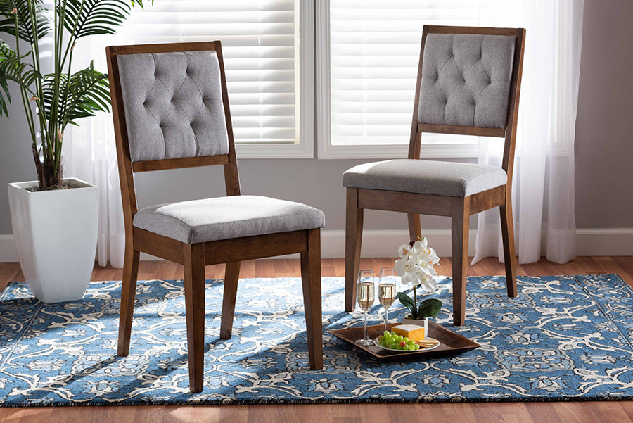 Baxton Studio Gideon Modern and Contemporary Grey Fabric Upholstered and Walnut Brown Finished Wood 2-Piece Dining Chair Set