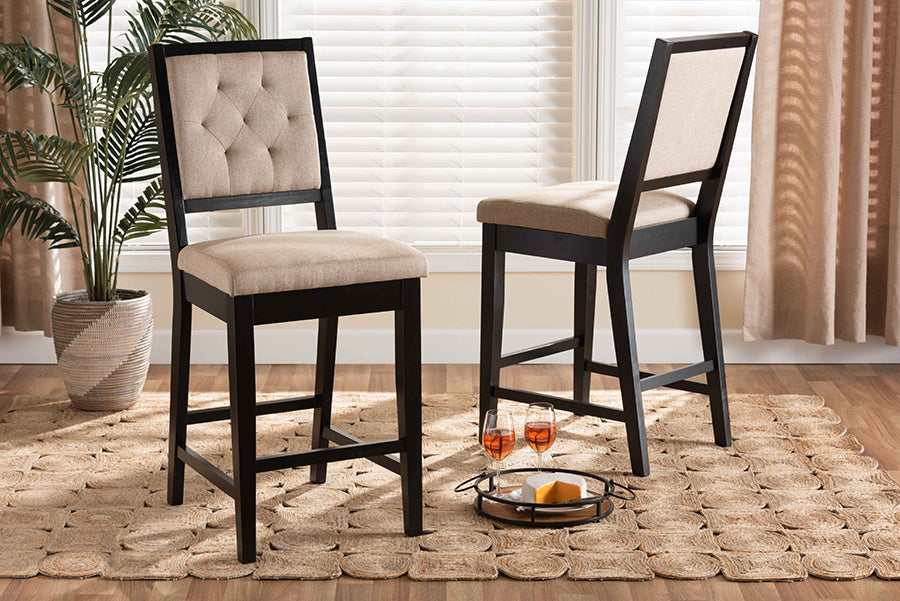 Baxton Studio Gideon Modern and Contemporary Sand Fabric Upholstered and Dark Brown Finished Wood 2-Piece Counter Stool Set