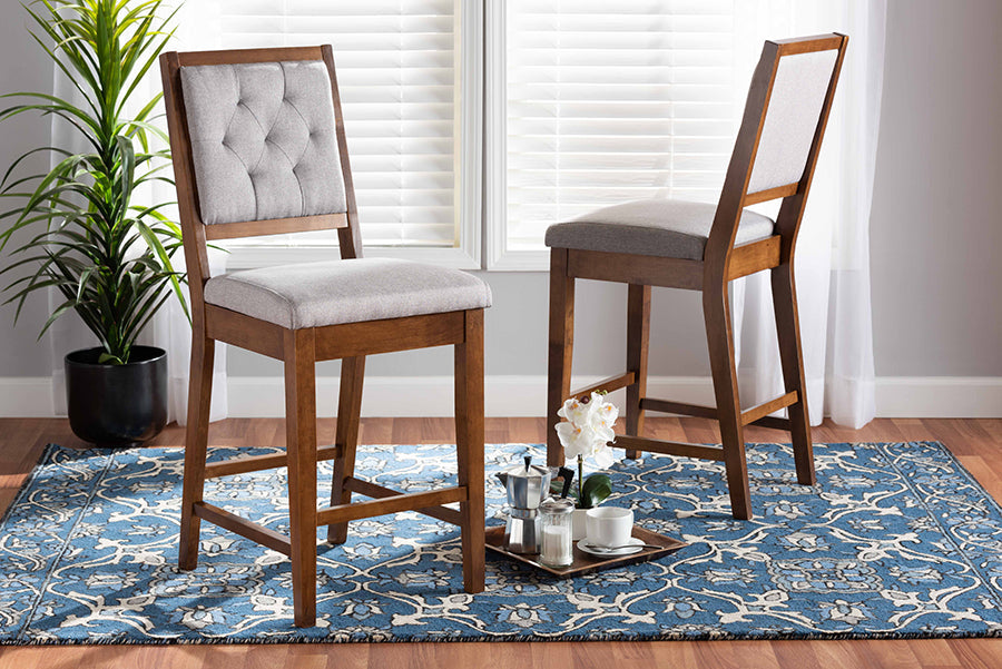 Baxton Studio Gideon Modern and Contemporary Grey Fabric Upholstered and Walnut Brown Finished Wood 2-Piece Counter Stool Set