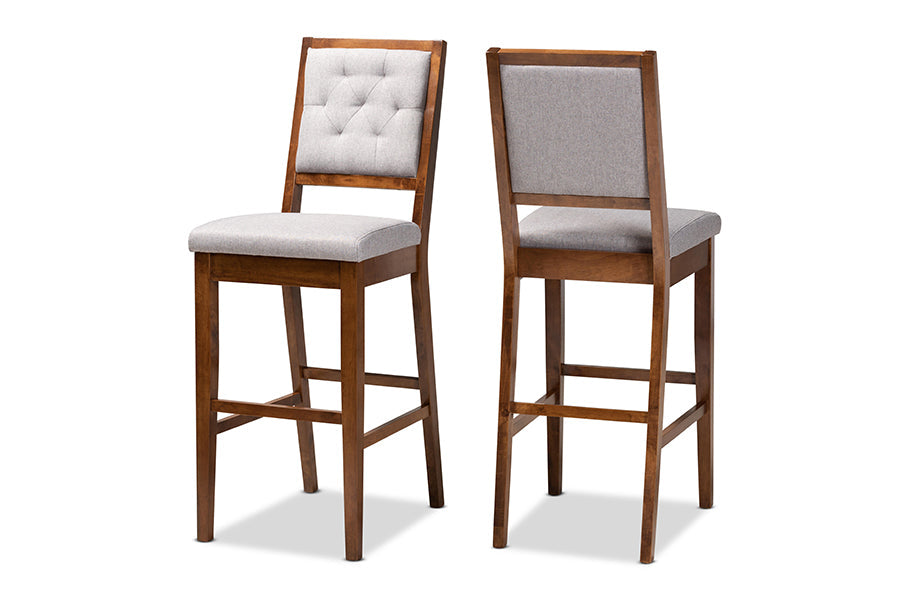 Baxton Studio Gideon Modern and Contemporary Grey Fabric Upholstered and Walnut Brown Finished Wood 2-Piece Bar Stool Set