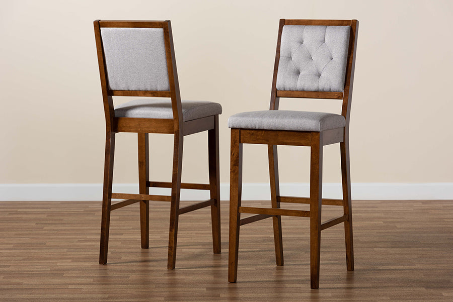 Baxton Studio Gideon Modern and Contemporary Grey Fabric Upholstered and Walnut Brown Finished Wood 2-Piece Bar Stool Set