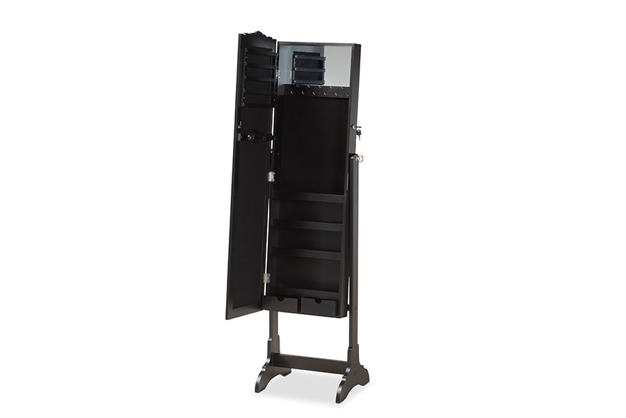 Baxton Studio Madigan Modern and Contemporary Black Finished Wood Jewelry Armoire with Mirror