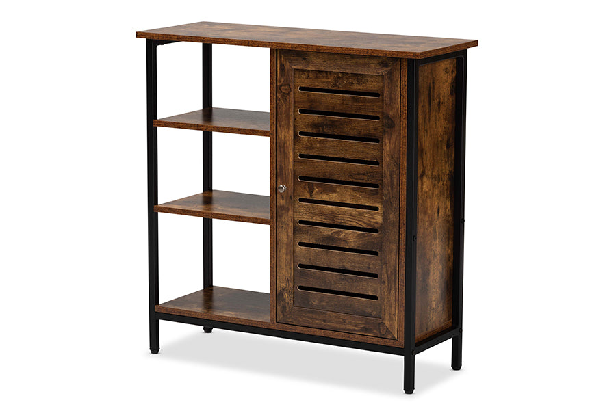 Baxton Studio Wayland Modern and Contemporary Rustic Brown Finished Wood and Black Metal 1-Door Shoe Storage Cabinet