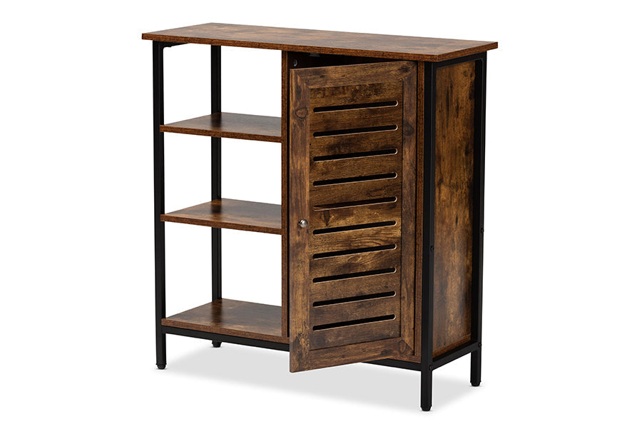 Baxton Studio Wayland Modern and Contemporary Rustic Brown Finished Wood and Black Metal 1-Door Shoe Storage Cabinet
