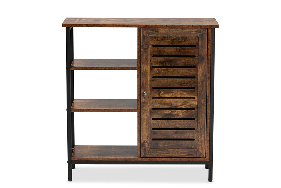 Baxton Studio Wayland Modern and Contemporary Rustic Brown Finished Wood and Black Metal 1-Door Shoe Storage Cabinet