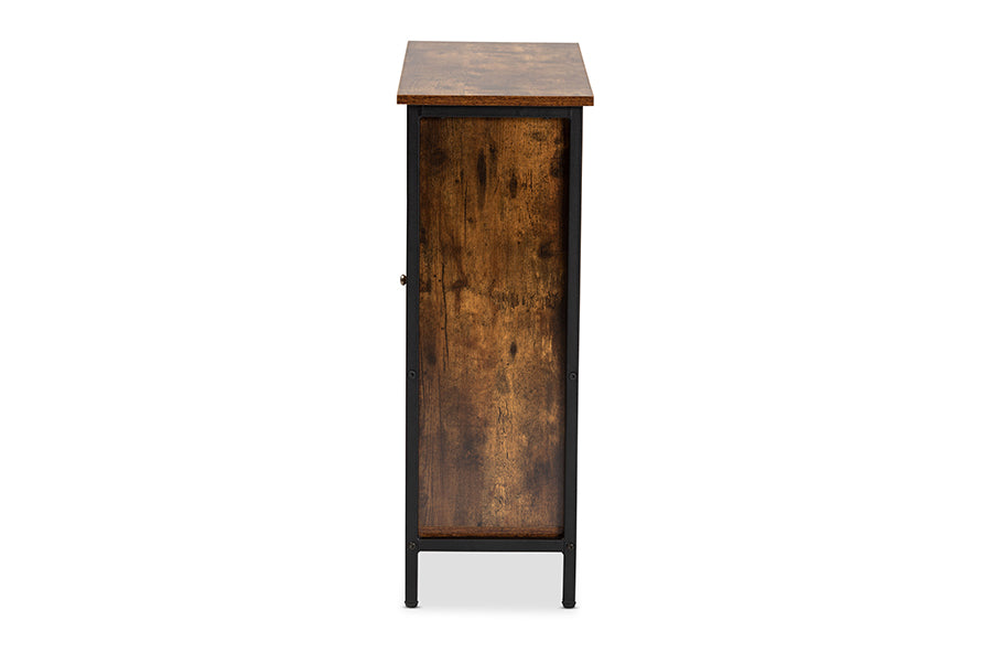 Baxton Studio Wayland Modern and Contemporary Rustic Brown Finished Wood and Black Metal 1-Door Shoe Storage Cabinet