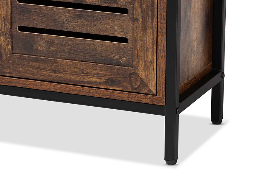 Baxton Studio Wayland Modern and Contemporary Rustic Brown Finished Wood and Black Metal 1-Door Shoe Storage Cabinet