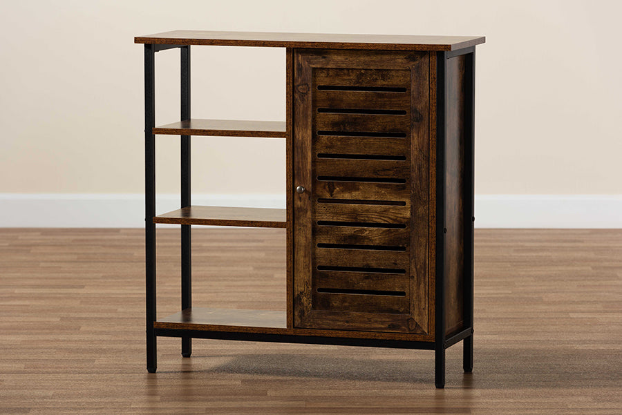Baxton Studio Wayland Modern and Contemporary Rustic Brown Finished Wood and Black Metal 1-Door Shoe Storage Cabinet