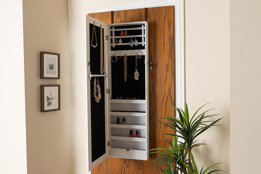 Baxton Studio Richelle Modern and Contemporary White Finished Wood Hanging Jewelry Armoire with Mirror