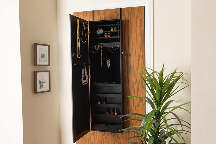 Baxton Studio Richelle Modern and Contemporary Black Finished Wood Hanging Jewelry Armoire with Mirror