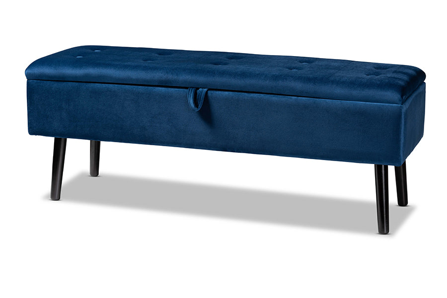 Baxton Studio Caine Modern and Contemporary Navy Blue Velvet Fabric Upholstered and Dark Brown Finished Wood Storage Bench