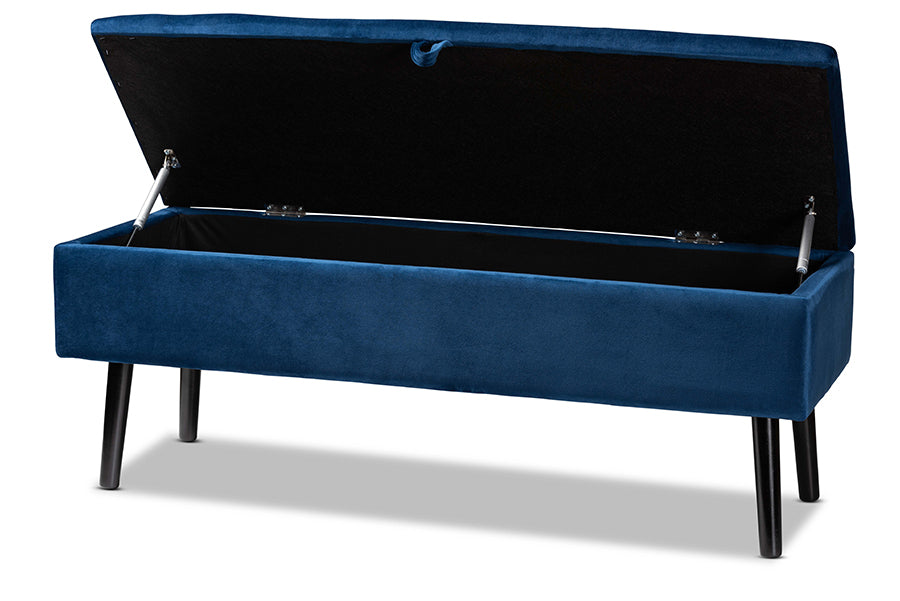 Baxton Studio Caine Modern and Contemporary Navy Blue Velvet Fabric Upholstered and Dark Brown Finished Wood Storage Bench
