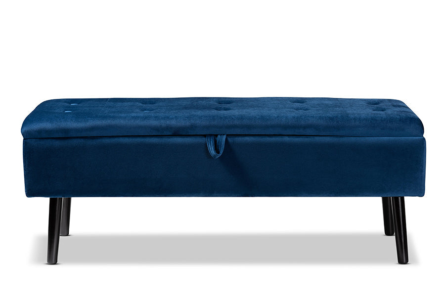 Baxton Studio Caine Modern and Contemporary Navy Blue Velvet Fabric Upholstered and Dark Brown Finished Wood Storage Bench