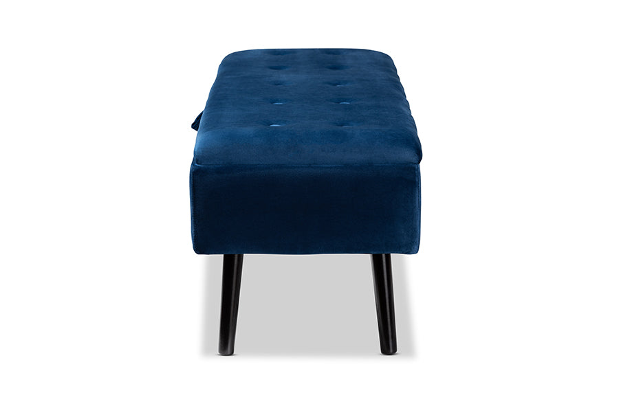 Baxton Studio Caine Modern and Contemporary Navy Blue Velvet Fabric Upholstered and Dark Brown Finished Wood Storage Bench