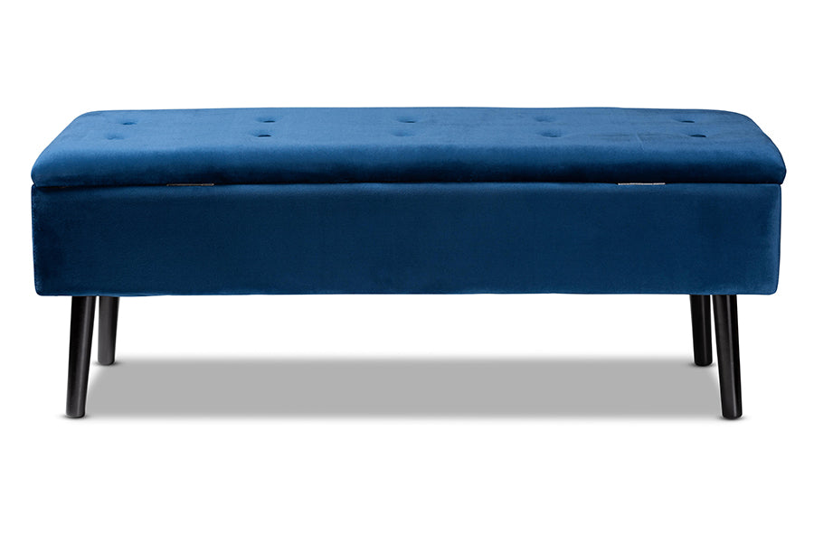 Baxton Studio Caine Modern and Contemporary Navy Blue Velvet Fabric Upholstered and Dark Brown Finished Wood Storage Bench
